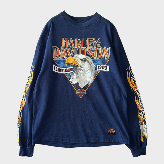 90's Hanes Harley-Davidson "Established 1903" 袖プリント ロングTシャツ 紺 (L)/B0661T-SO