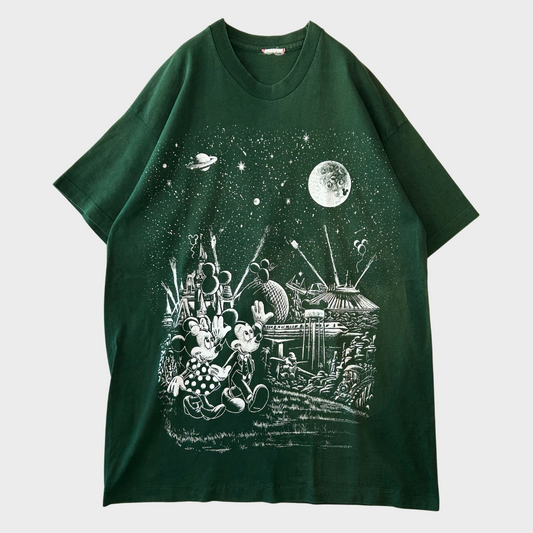 90's Disney ミッキー&ミニー 宇宙 アトラクション ディズニーTシャツ 緑 (サイズ不明)/B2183T-SO