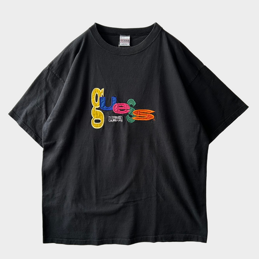 90's GUESS アップリケ刺繍Tシャツ 黒 /B2008T-SO