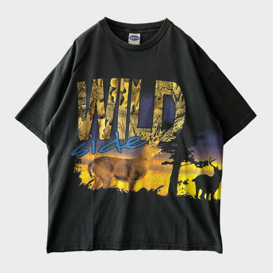 00's Cygnus WILD SIDE 鹿 アニマルプリントTシャツ 黒 (L)/A7035T-SO