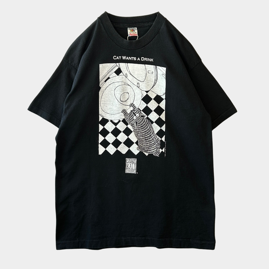 80's  STUART KATT "CAT WANTS A DRINK" ネコ アートTシャツ 黒 (L)/C0912T-SO