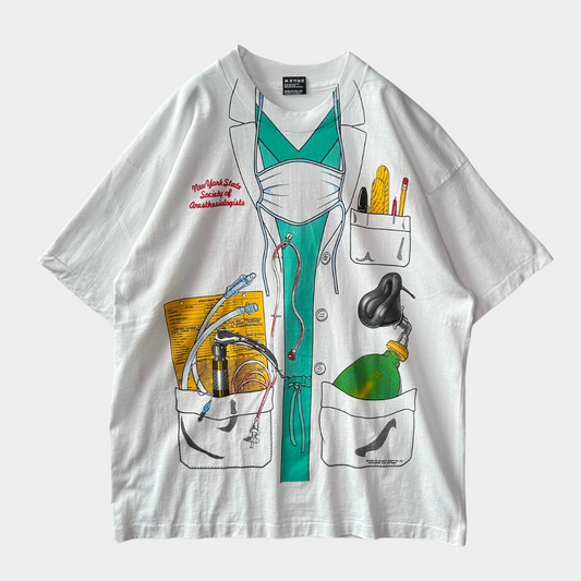 ８0's Fruit of The Loom ニューヨーク州麻酔科学会 白衣騙し絵Tシャツ 白 (XL)/B2416T-SO