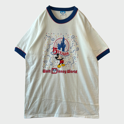 80's Disney World 15周年記念 ミッキー キャラクター リンガーTシャツ 白 (L)/A7625T-SO