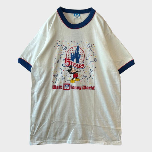 80's Disney World 15周年記念 ミッキー キャラクター リンガーTシャツ 白 (L)/A7625T-SO