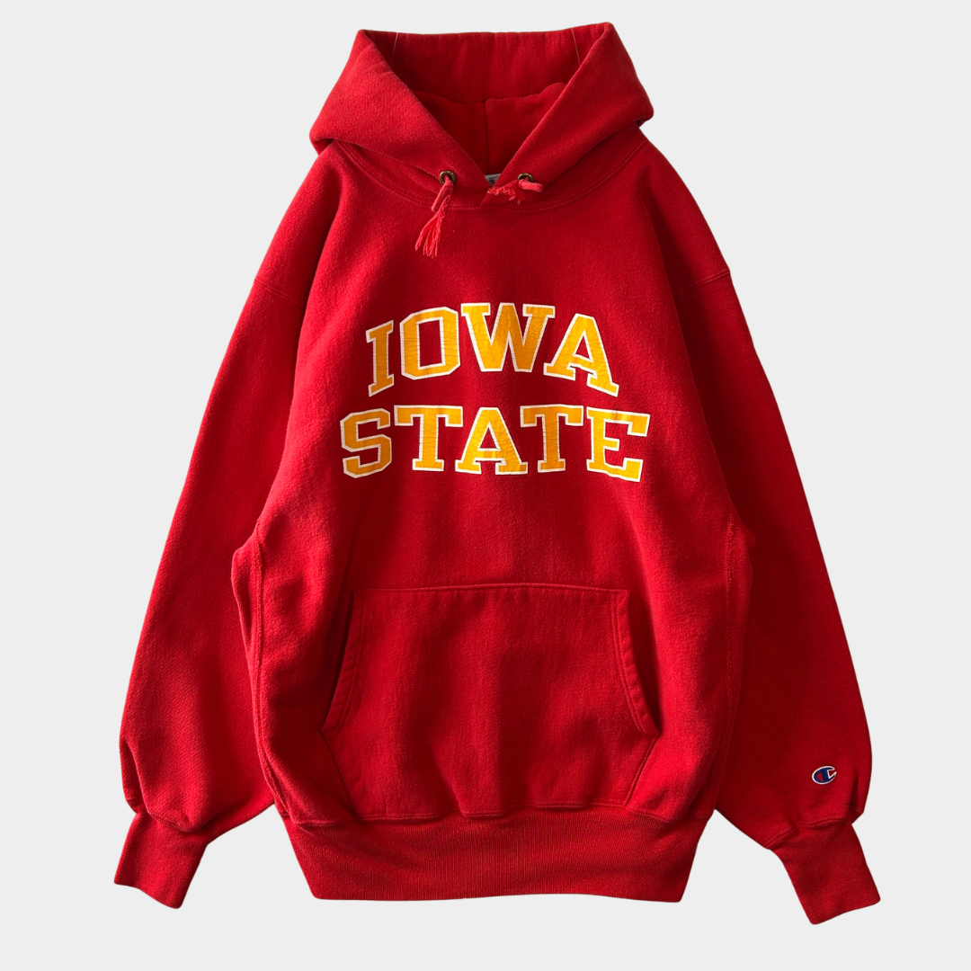 90's Champion Reverse Weave リバースウィーブ IOWA STATE スウェット フーディー レッド(XL)/C0769R-SO