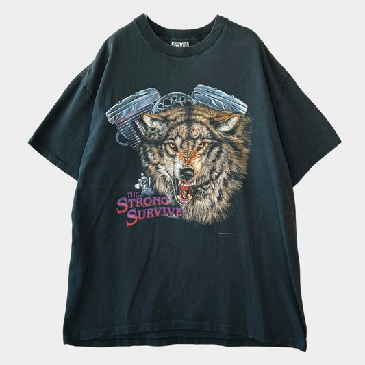 90's CMJ "THE STRONG SURVIVE" 狼 エンジン モーターサイクルTシャツ (L) /A7146T-SO