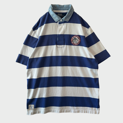 00's Ralph Lauren ラルフローレン 襟シャンブレー ボーダー ラガーシャツ ポロシャツ 青白 (L) B3693T-SO