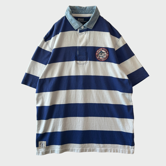 00's Ralph Lauren ラルフローレン 襟シャンブレー ボーダー ラガーシャツ ポロシャツ 青白 (L) B3693T-SO