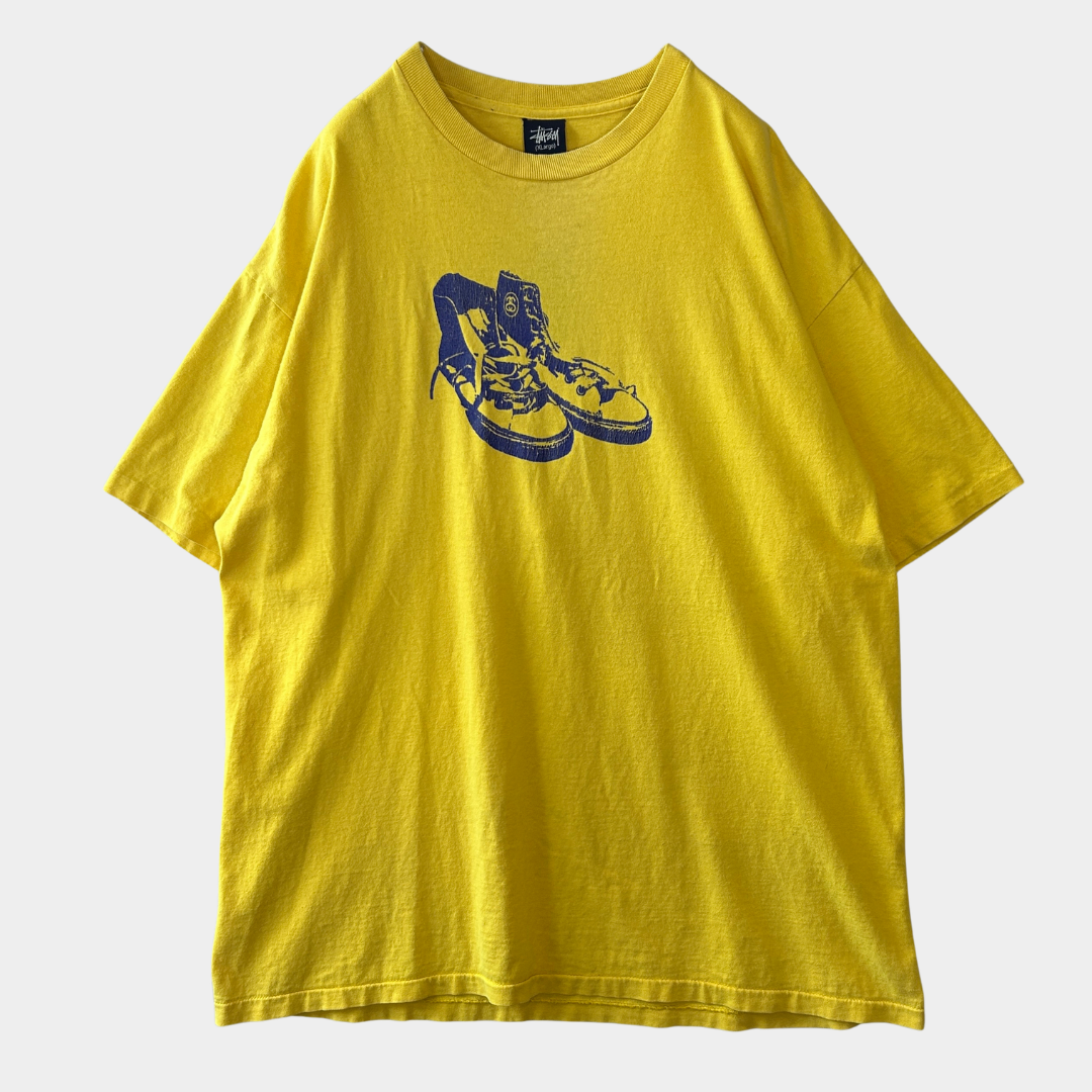 90's Stussy ステューシー スニーカー プリントTシャツ イエロー(XL)/C0744T-SO