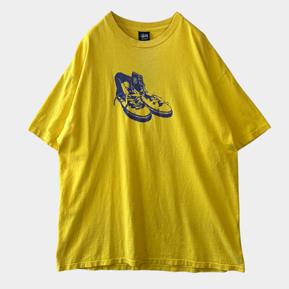 90's Stussy ステューシー スニーカー プリントTシャツ イエロー(XL)/C0744T-SO