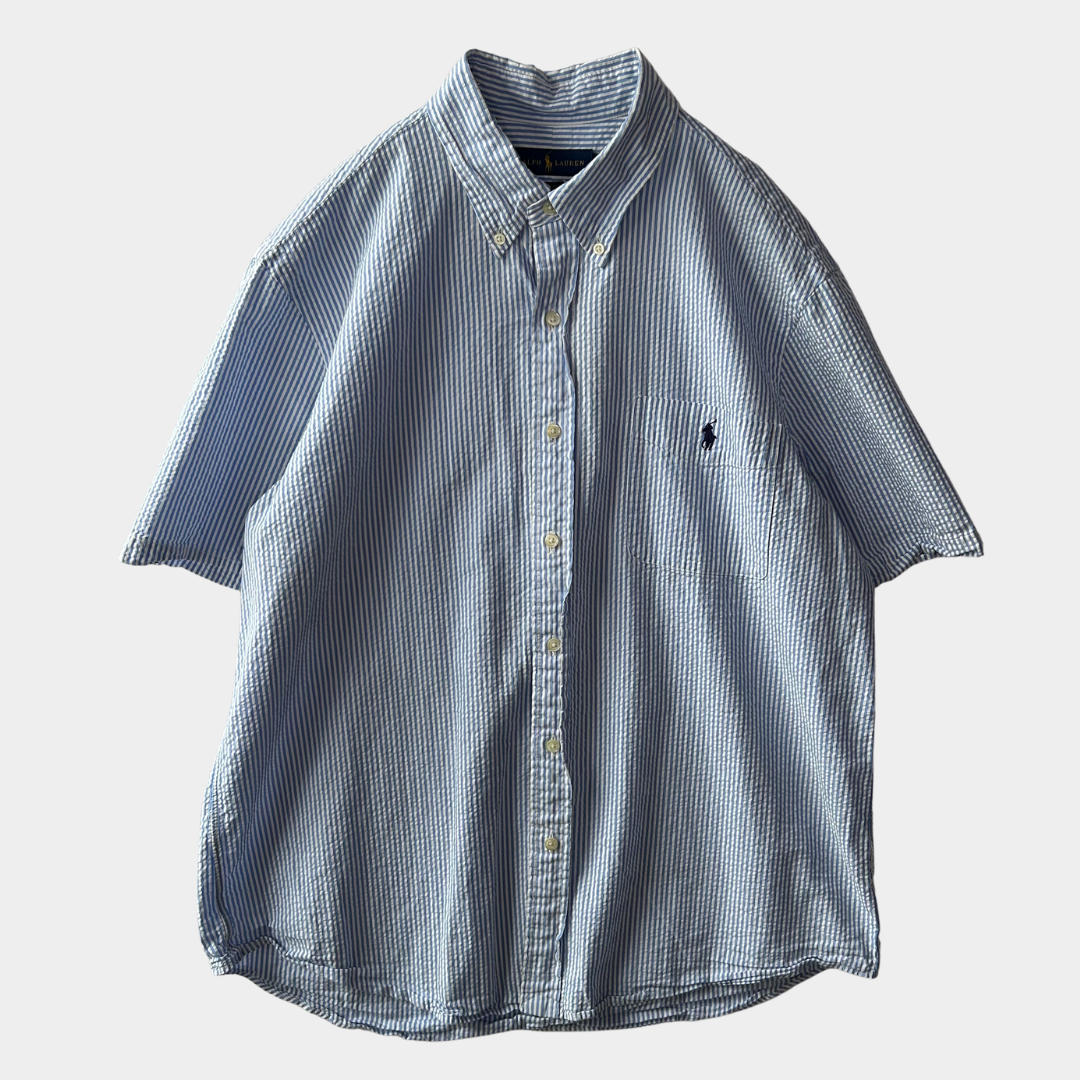 00's Ralph Lauren ラルフローレン 半袖シアサッカーストライプシャツ 白水色(XL)/B2550SH-SO