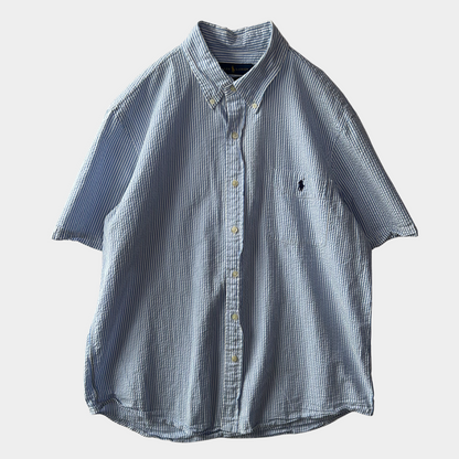 00's Ralph Lauren ラルフローレン 半袖シアサッカーストライプシャツ 白水色(XL)/B2550SH-SO