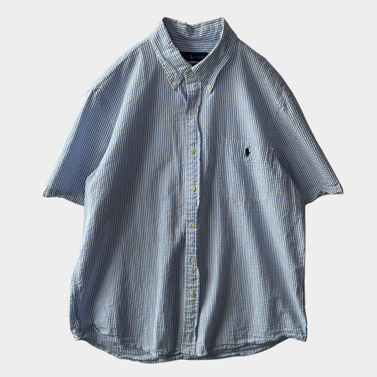 00's Ralph Lauren ラルフローレン 半袖シアサッカーストライプシャツ 白水色(XL)/B2550SH-SO
