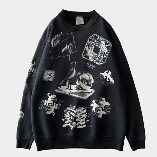 90's M.C.Escher エッシャー アート マルチプリントスウェット ONEITA ブラック(L)/C1598S-SO