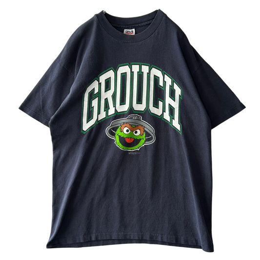 90's anvil GROUCH オスカー・ザ・グラウチ セサミストリート キャラクターTシャツ 紺 (L)/B2080T-SO