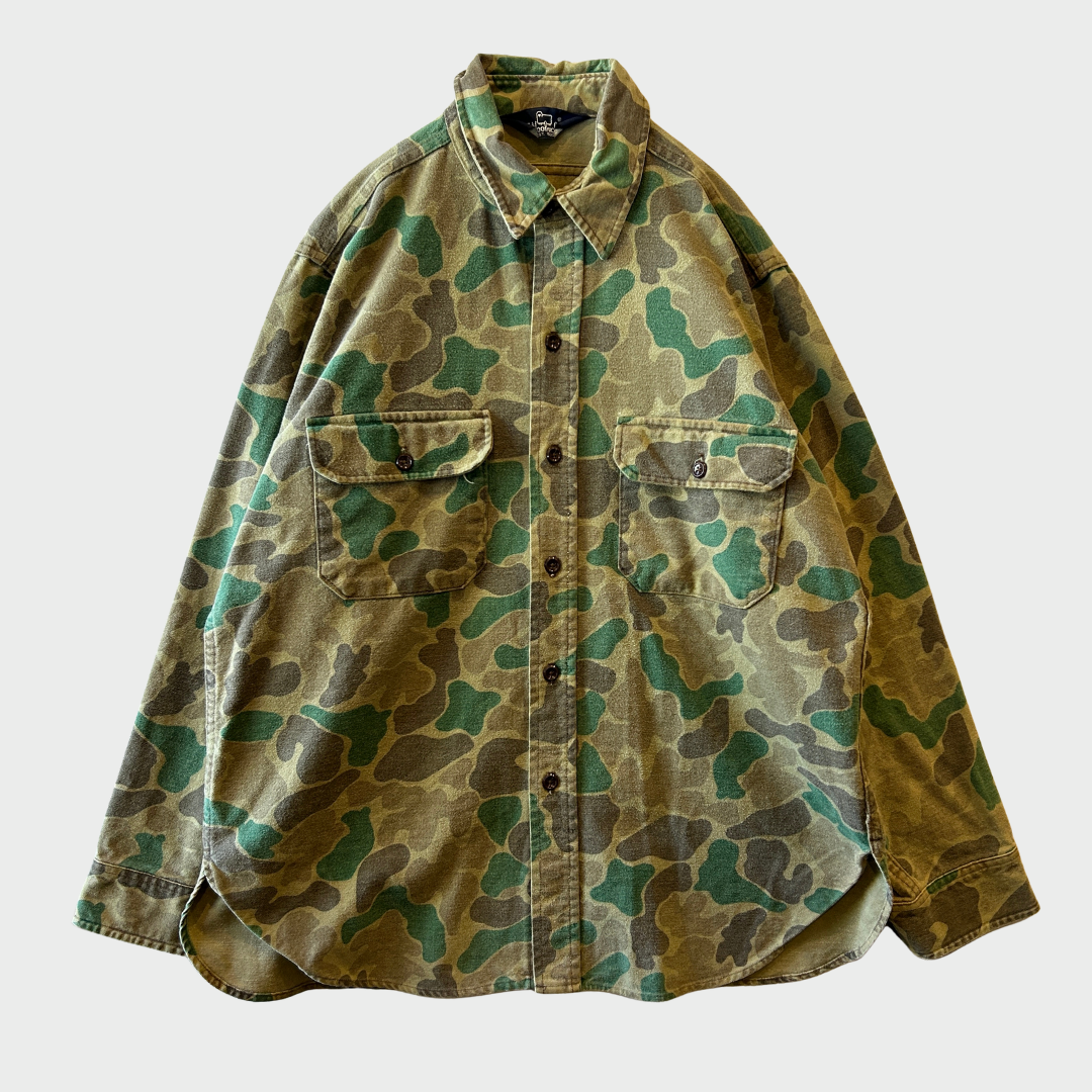 80's Wool Rich ダックハンターカモ コットンシャツ 茶緑黄土 (L)/A9002S-SO