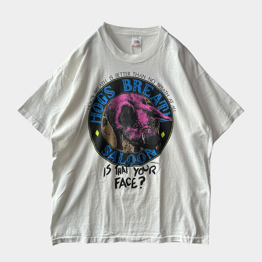 90's Fruit of the loom レストラン＆バー ホッグズ・ブレス・サルーン ショップロゴ プリントTシャツ 白(XL)/B1945T-SO