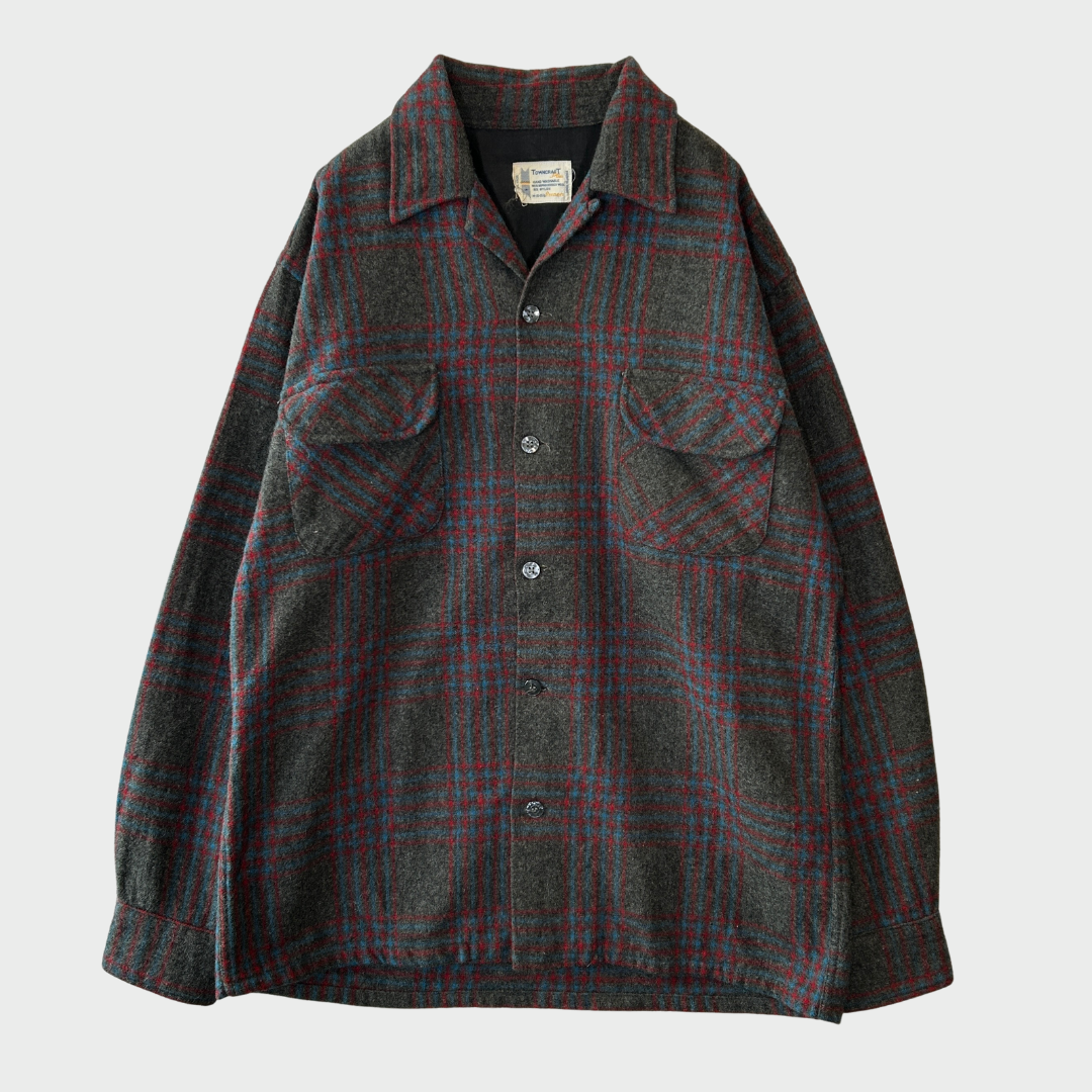 60's Towncraft ウールチェックシャツ 黒赤青 (M)/A8293S-SO