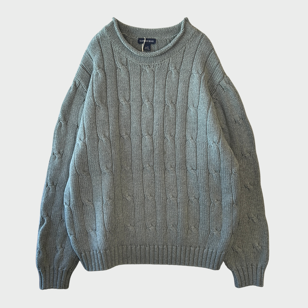 00's LANDS'END ケーブル編み コットンニット グレー (L)/A8494K-SO