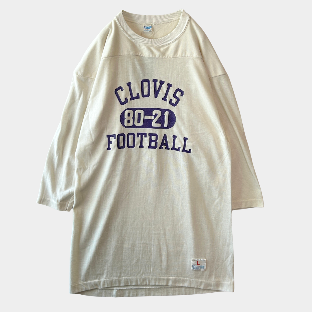 70's Champion チャンピオン フットボールTシャツ コットン/ナイロン ３段プリント 白紫(L)/C1018T-SO