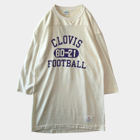 70's Champion チャンピオン フットボールTシャツ コットン/ナイロン ３段プリント 白紫(L)/C1018T-SO