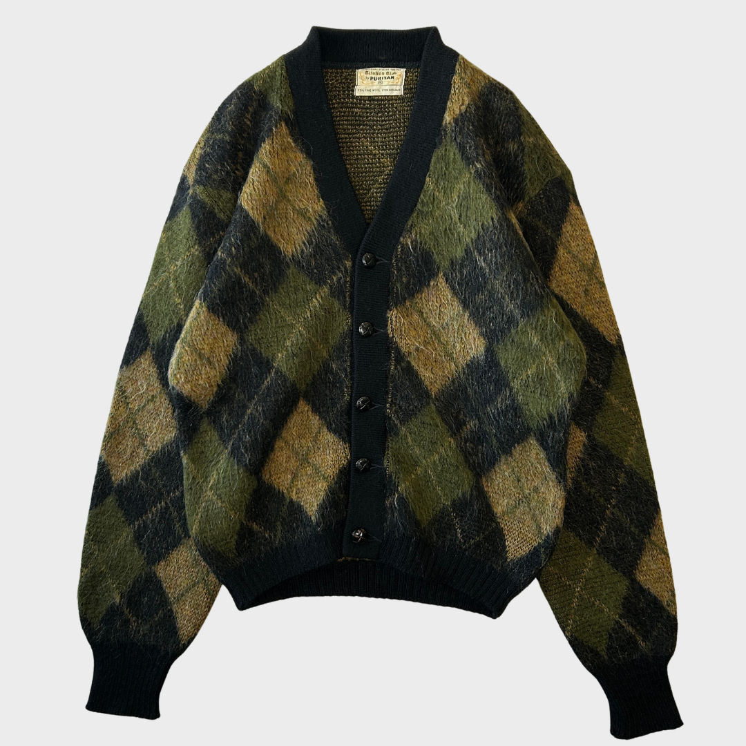 60's Puritan アーガイル モヘアカーディガン 黒カーキ茶 (サイズ40)/C0173K-SO