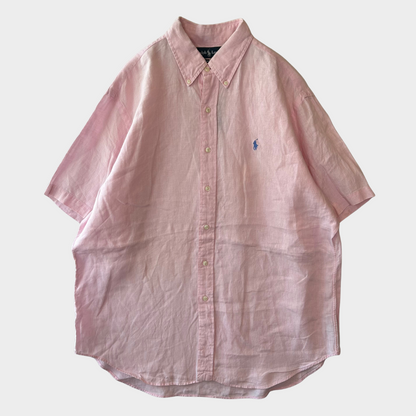 00's Ralph Lauren 半袖 ボタンダウンリネンシャツ ピンク XL/A4400SH-SO