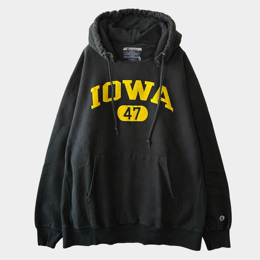 00's Champion Reverse Weave リバースウィーブ IOWA フーディー スウェット 黒(XXL)/C0739R-SO