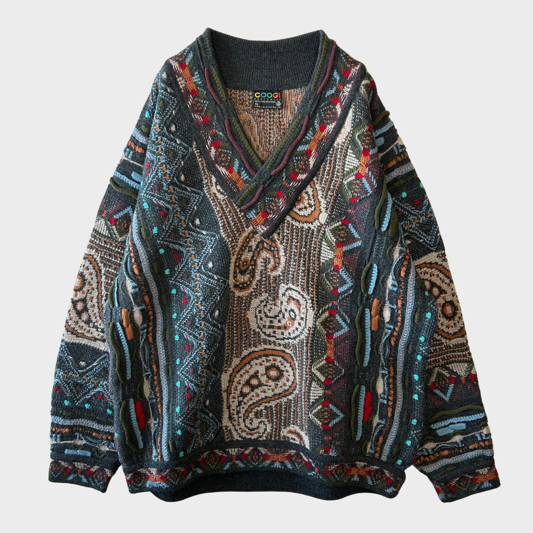 90's COOGI クージー 総柄 Vネック 3Dニット セーター マルチカラー (XL) /B3391K-SO