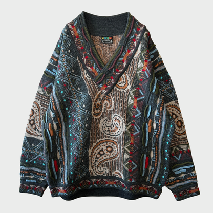 90's COOGI クージー 総柄 Vネック 3Dニット セーター マルチカラー (XL) /B3391K-SO