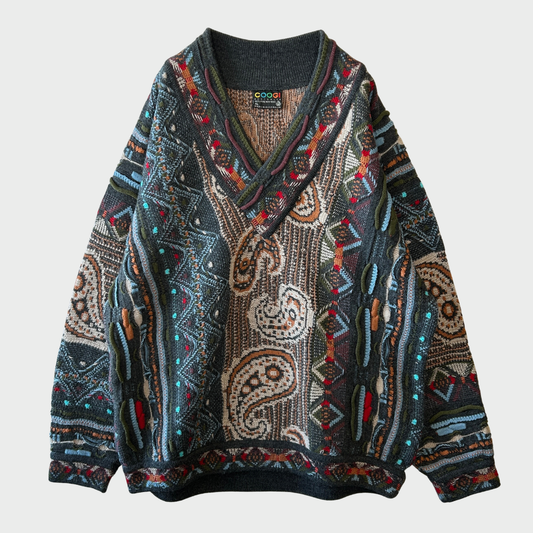 90's COOGI クージー 総柄 Vネック 3Dニット セーター マルチカラー (XL) /B3391K-SO