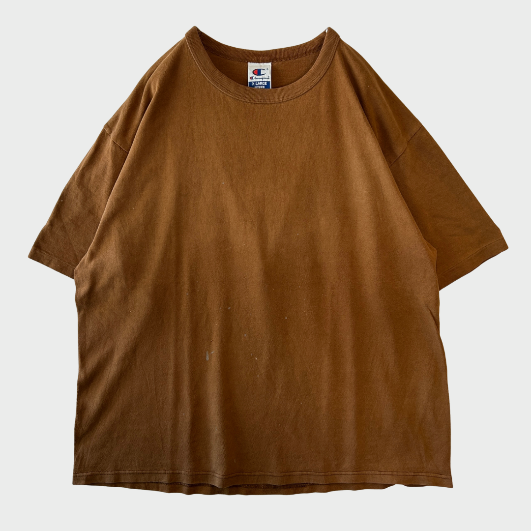90's Champion チャンピオン 袖刺繍 無地Tシャツ ブラウン (XL) A7171T-SO