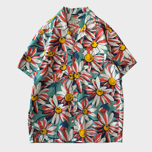 00's J.Crew トロピカル柄 オープンカラー アロハシャツ 水色 (M)B3657SH-SO