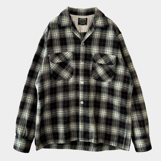 60's AMANA オープンカラーウールチェックシャツ 黒白赤(M)/A5095SH-SO