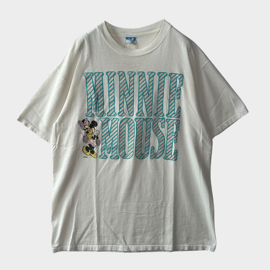 90's Disney ミニーマウス ラメ入りプリントTシャツ 白 (L)/B2057T-SO