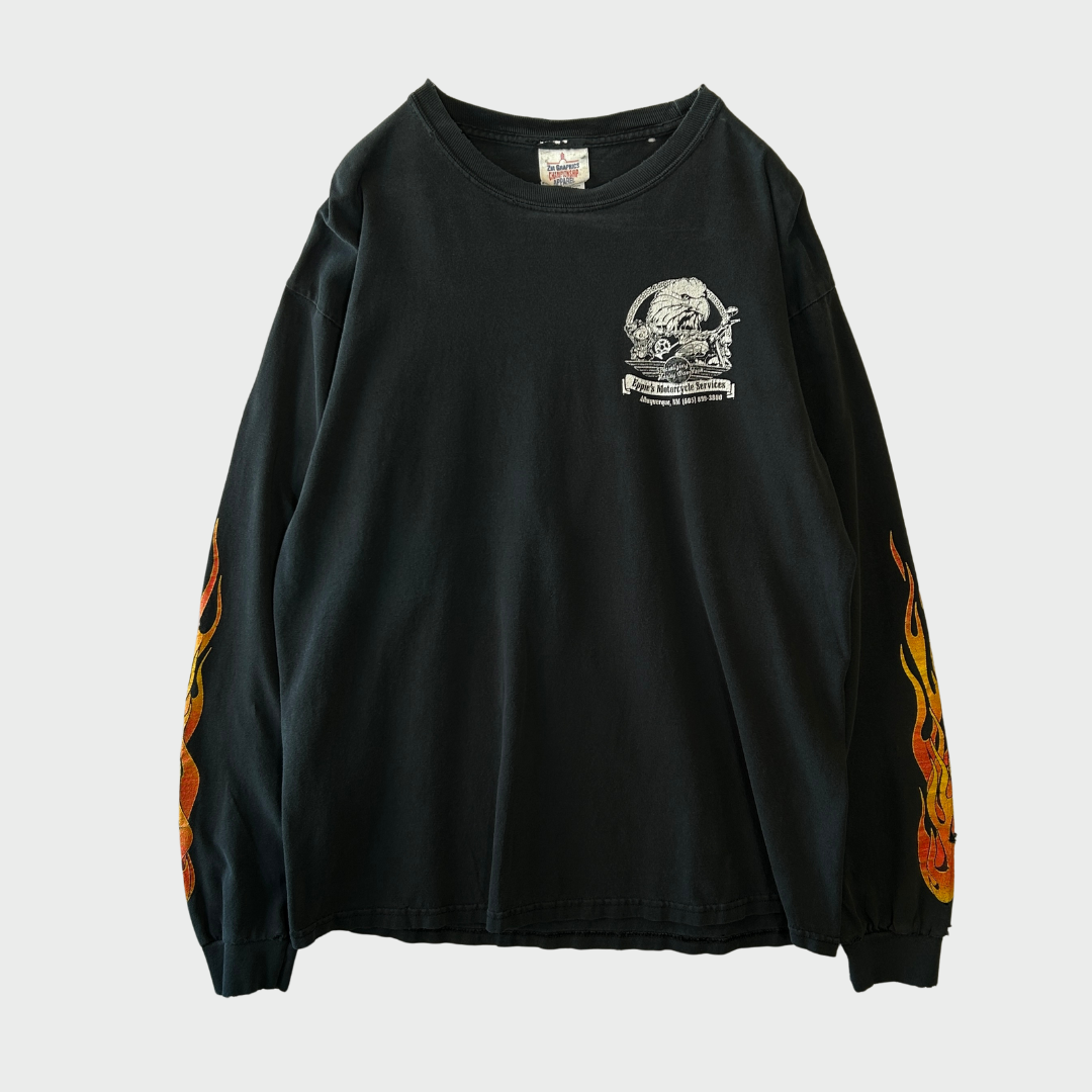 00's  ZIA GRAPHICS CHAMPIONSHIP APPAREL  Eppie's Motorcycle Services ファイヤーパターン 袖プリント ロンT 黒 (L) /B3245T-SO