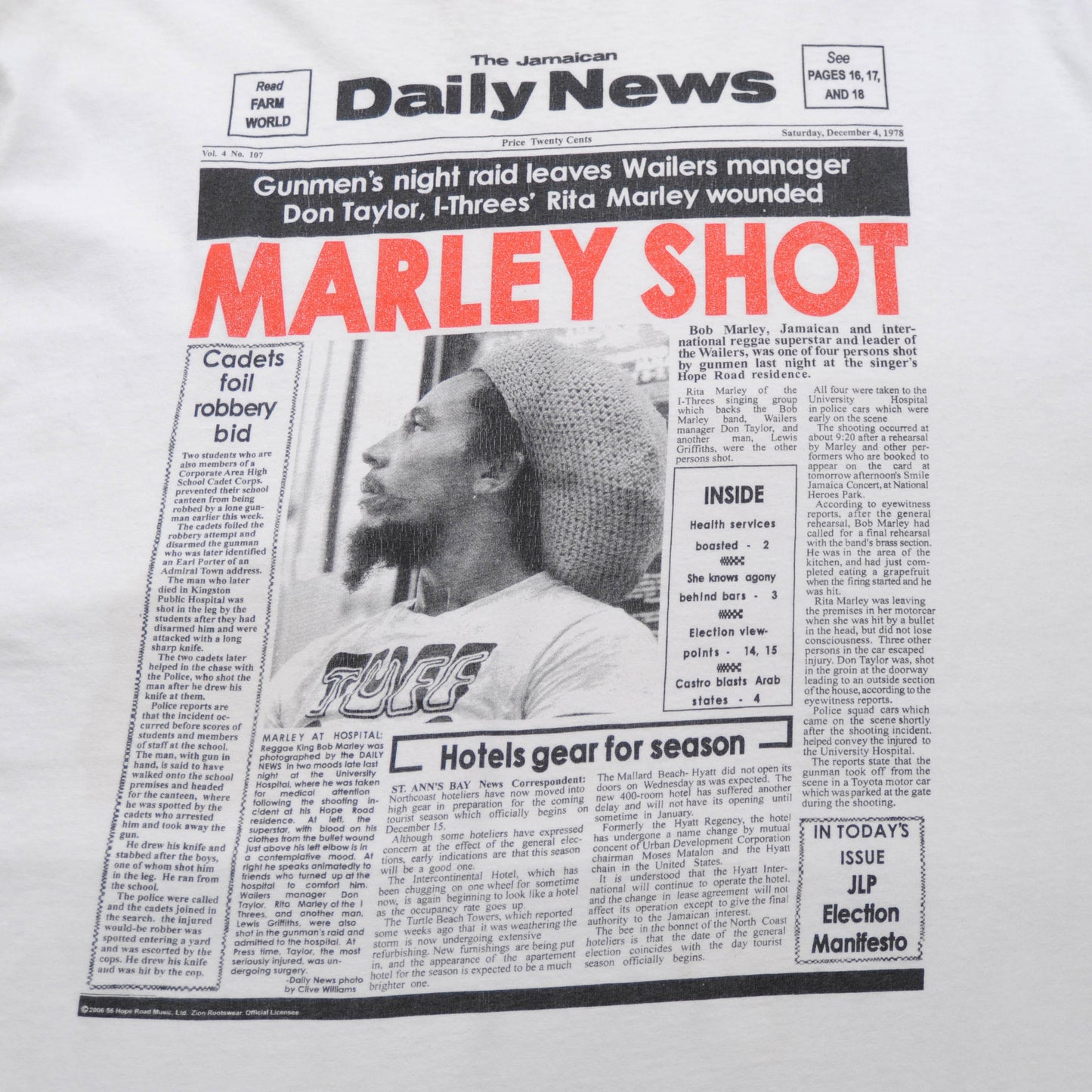 Bob Marley The Jamaican DailyNews"MARLEY SHOT"Tシャツ　白(XXL)/A2729T