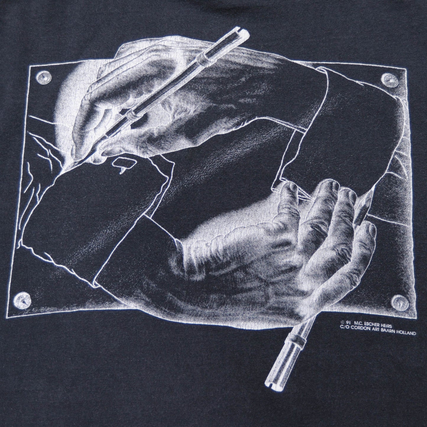 90's M.C.ESCHER"Drawing Hands"アートTシャツ(L)/A3066T-S
