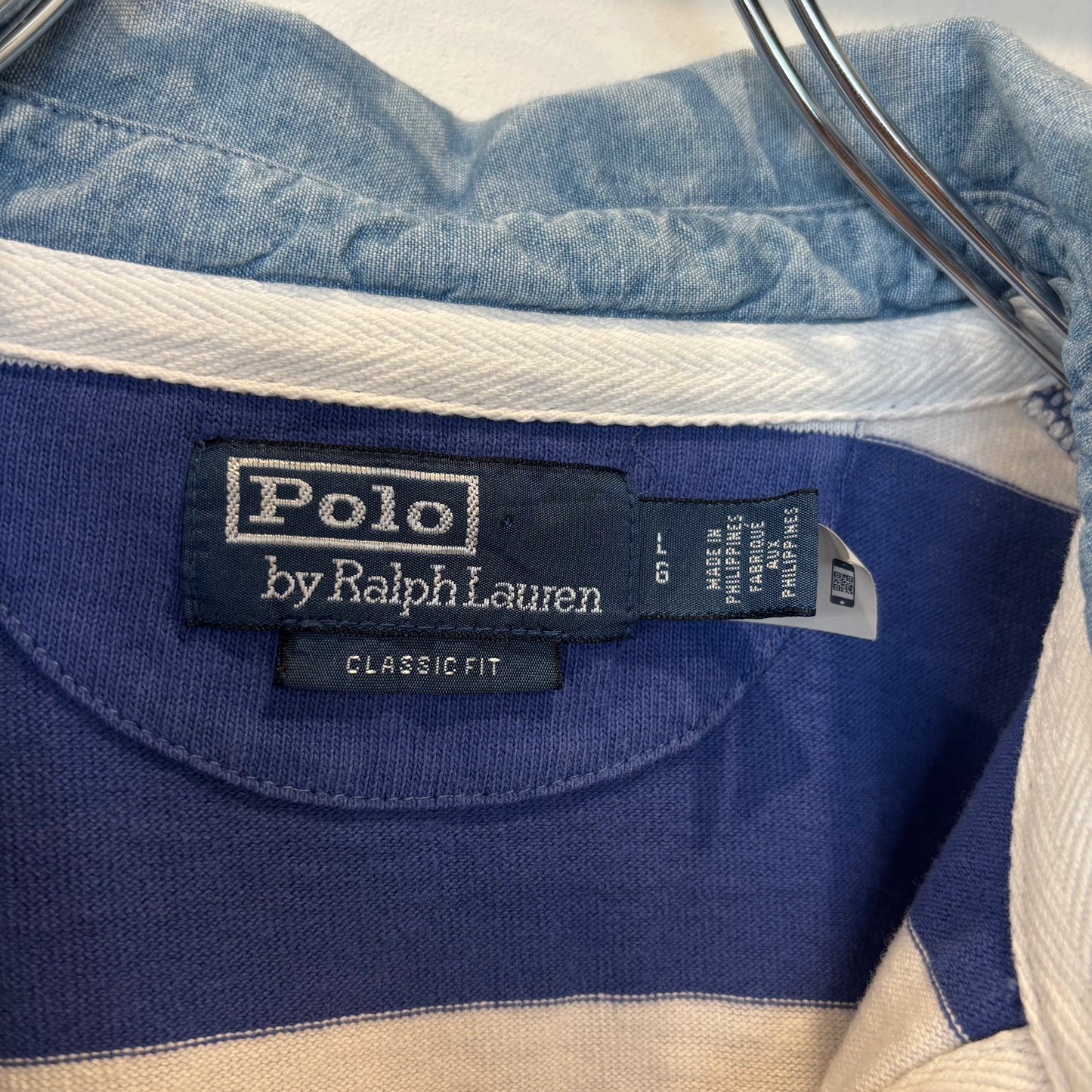 00's Ralph Lauren ラルフローレン 襟シャンブレー ボーダー ラガーシャツ ポロシャツ 青白 (L) B3693T-SO