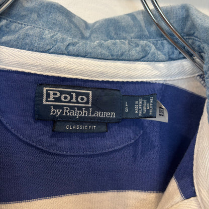 00's Ralph Lauren ラルフローレン 襟シャンブレー ボーダー ラガーシャツ ポロシャツ 青白 (L) B3693T-SO