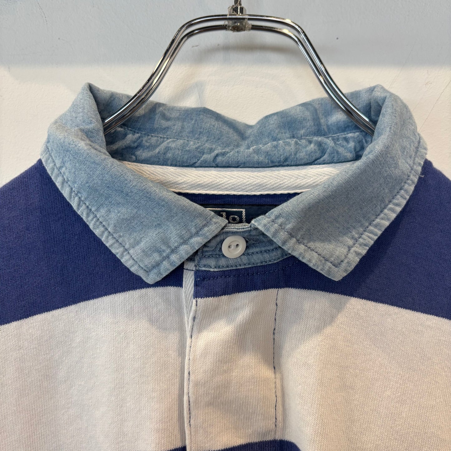 00's Ralph Lauren ラルフローレン 襟シャンブレー ボーダー ラガーシャツ ポロシャツ 青白 (L) B3693T-SO