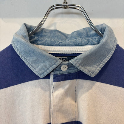00's Ralph Lauren ラルフローレン 襟シャンブレー ボーダー ラガーシャツ ポロシャツ 青白 (L) B3693T-SO