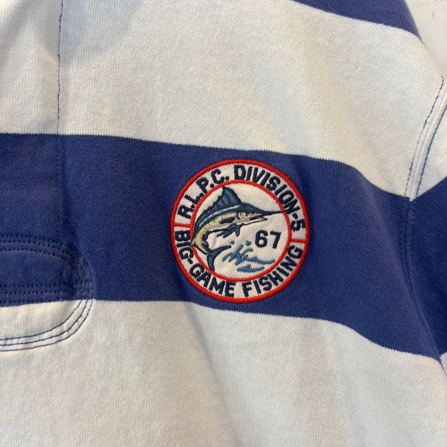 00's Ralph Lauren ラルフローレン 襟シャンブレー ボーダー ラガーシャツ ポロシャツ 青白 (L) B3693T-SO