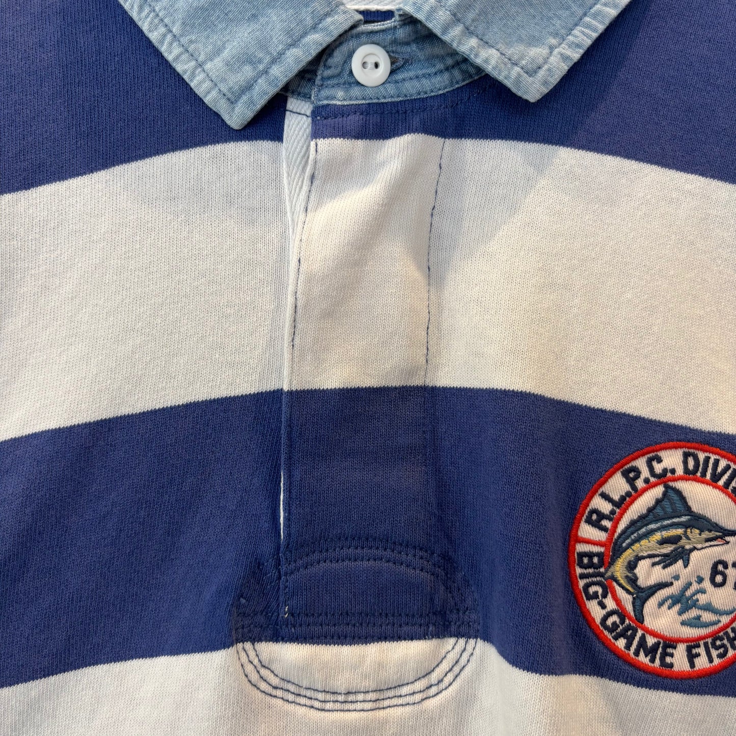 00's Ralph Lauren ラルフローレン 襟シャンブレー ボーダー ラガーシャツ ポロシャツ 青白 (L) B3693T-SO