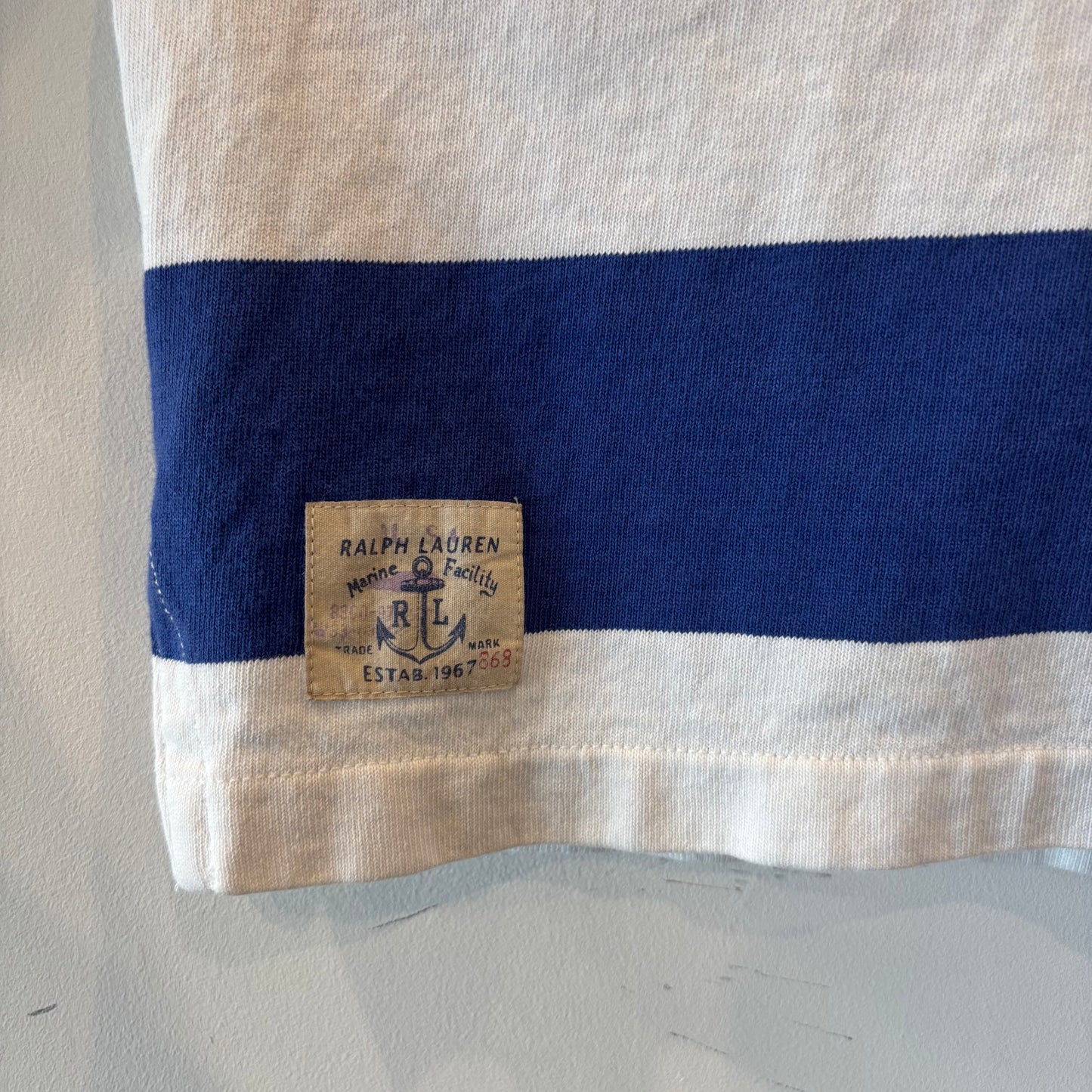 00's Ralph Lauren ラルフローレン 襟シャンブレー ボーダー ラガーシャツ ポロシャツ 青白 (L) B3693T-SO