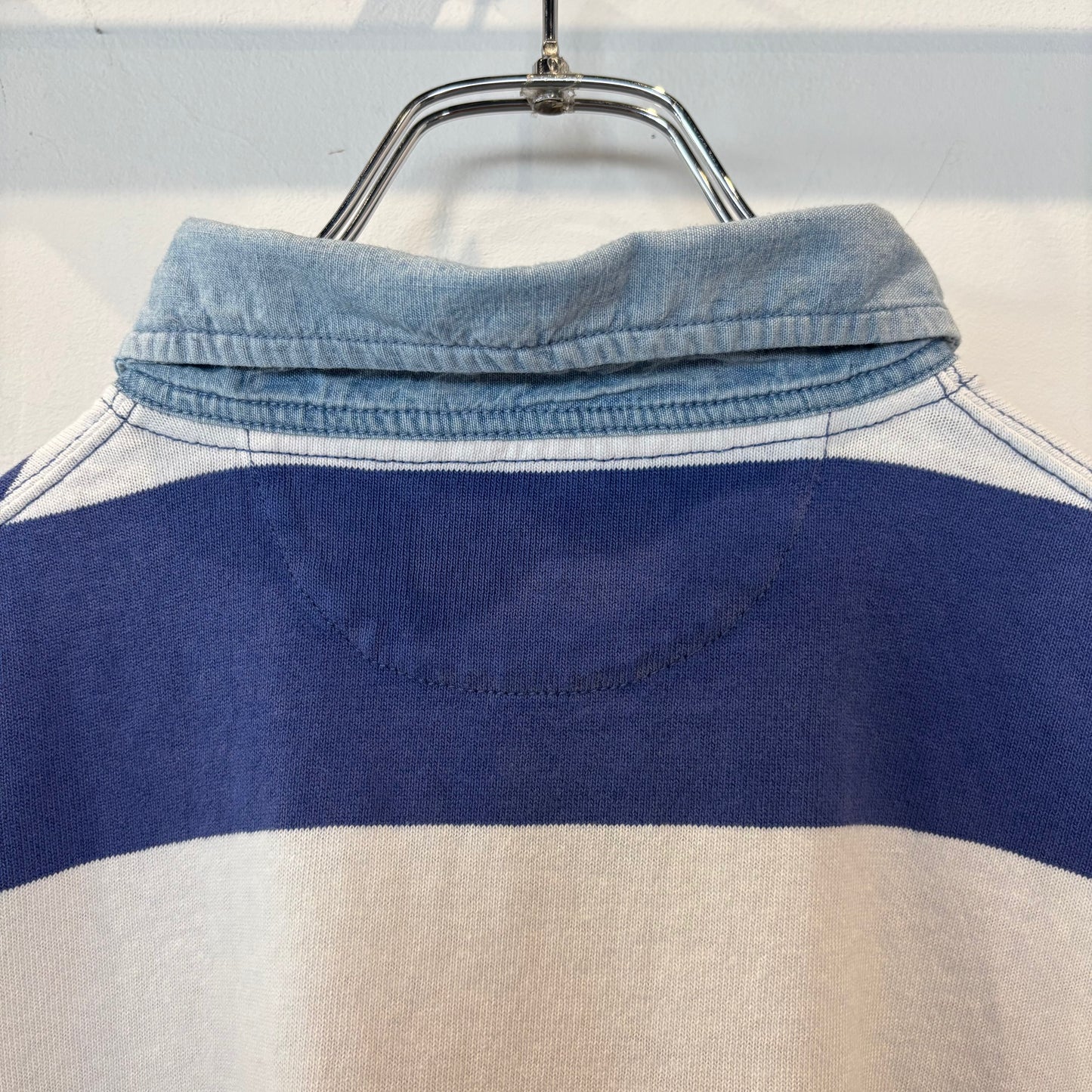 00's Ralph Lauren ラルフローレン 襟シャンブレー ボーダー ラガーシャツ ポロシャツ 青白 (L) B3693T-SO