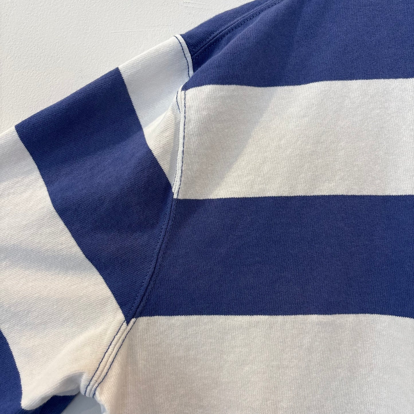 00's Ralph Lauren ラルフローレン 襟シャンブレー ボーダー ラガーシャツ ポロシャツ 青白 (L) B3693T-SO