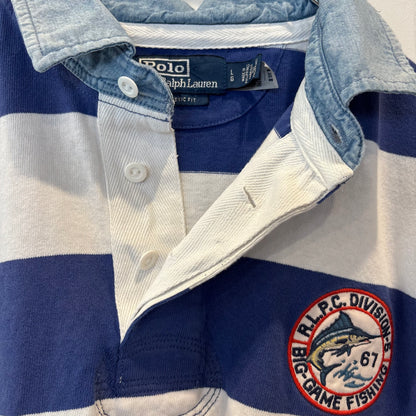 00's Ralph Lauren ラルフローレン 襟シャンブレー ボーダー ラガーシャツ ポロシャツ 青白 (L) B3693T-SO