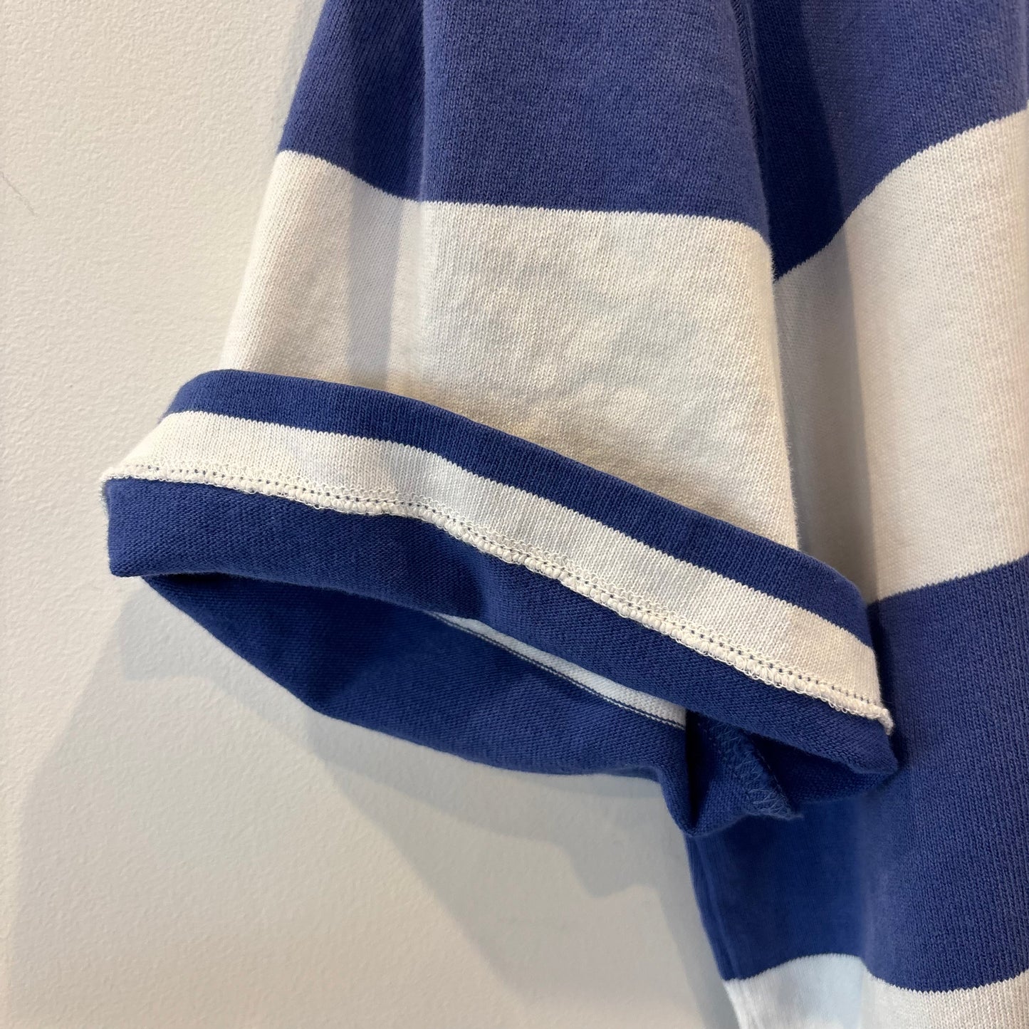 00's Ralph Lauren ラルフローレン 襟シャンブレー ボーダー ラガーシャツ ポロシャツ 青白 (L) B3693T-SO