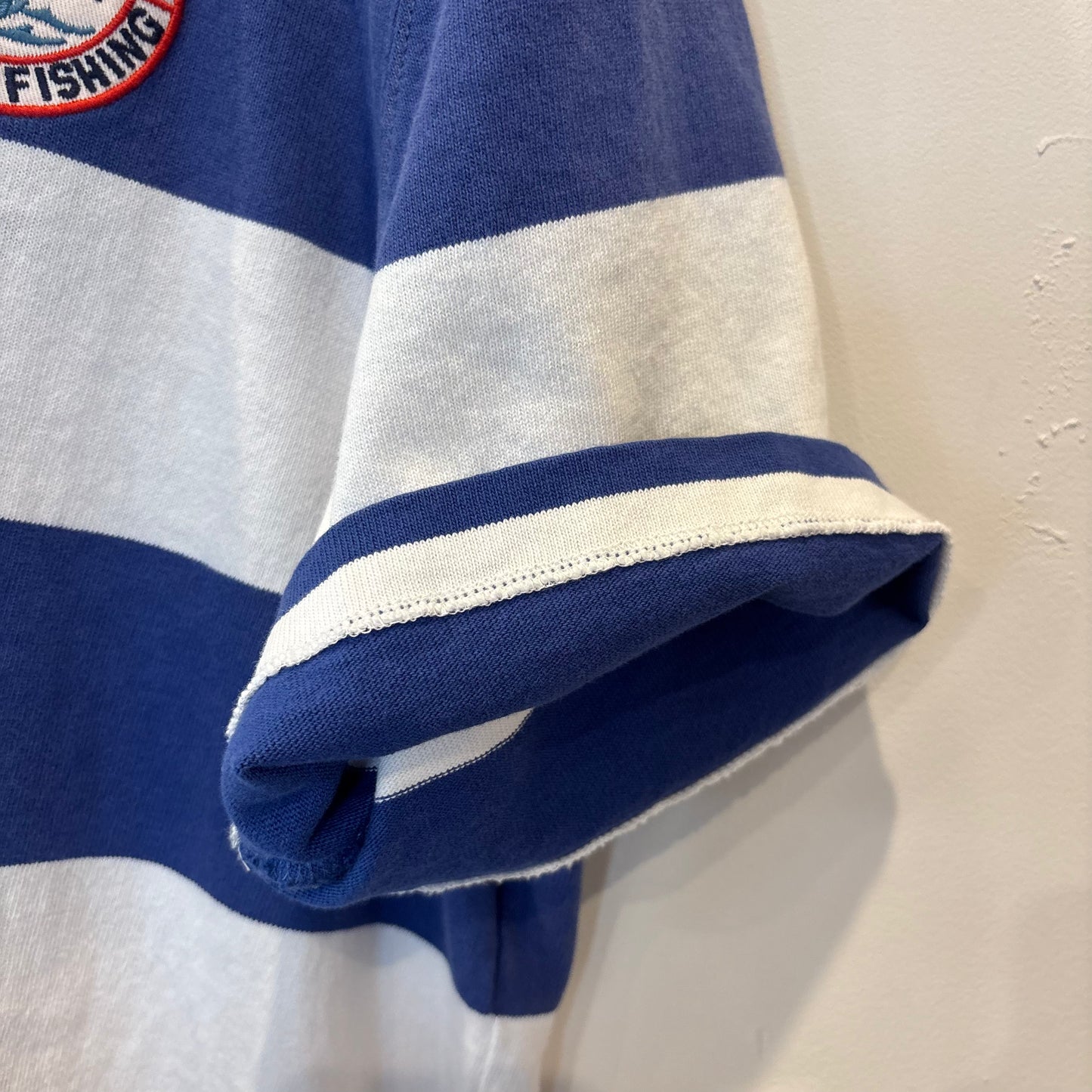 00's Ralph Lauren ラルフローレン 襟シャンブレー ボーダー ラガーシャツ ポロシャツ 青白 (L) B3693T-SO